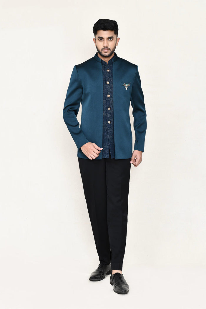 French Blue Polyester Sherwani Set