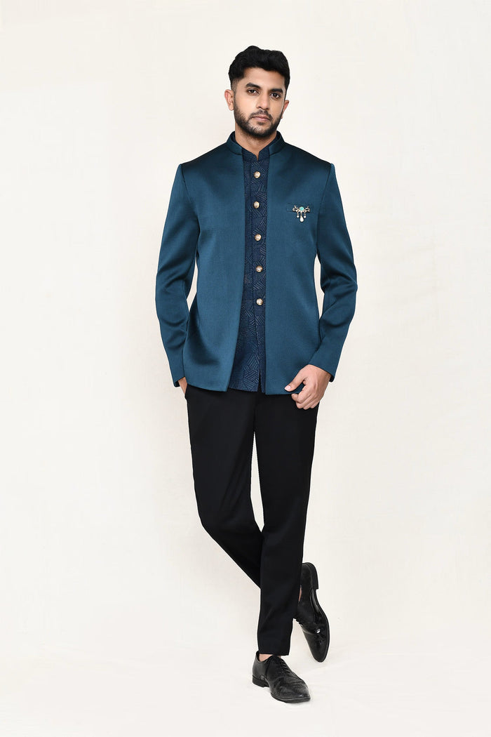 French Blue Polyester Sherwani Set