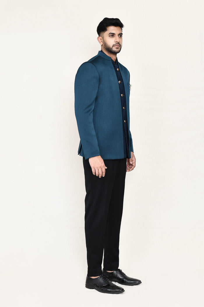 French Blue Polyester Sherwani Set