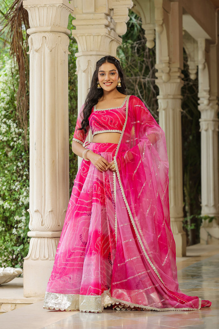 <img> French Rose Organza Bandhani Printed Lehenga Set
