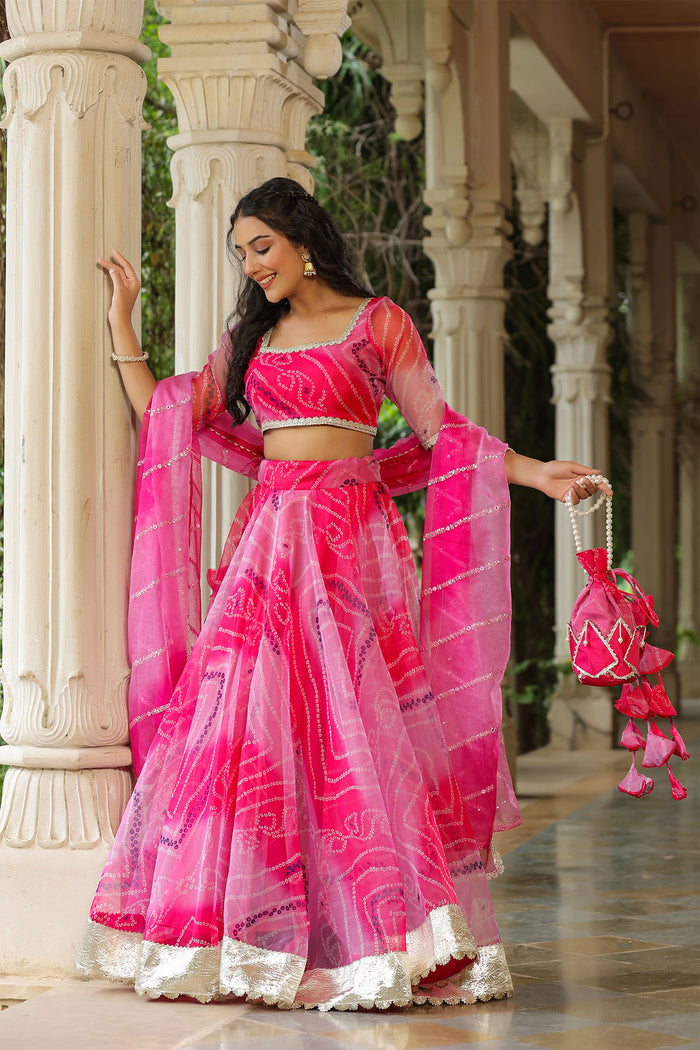 <img> French Rose Organza Bandhani Printed Lehenga Set