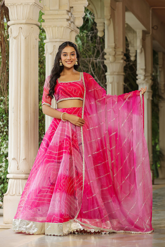 <img> French Rose Organza Bandhani Printed Lehenga Set
