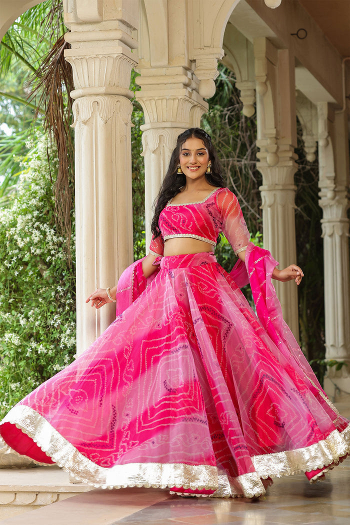 <img> French Rose Organza Bandhani Printed Lehenga Set