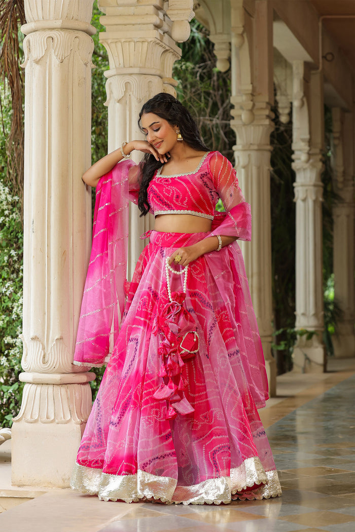 <img> French Rose Organza Bandhani Printed Lehenga Set