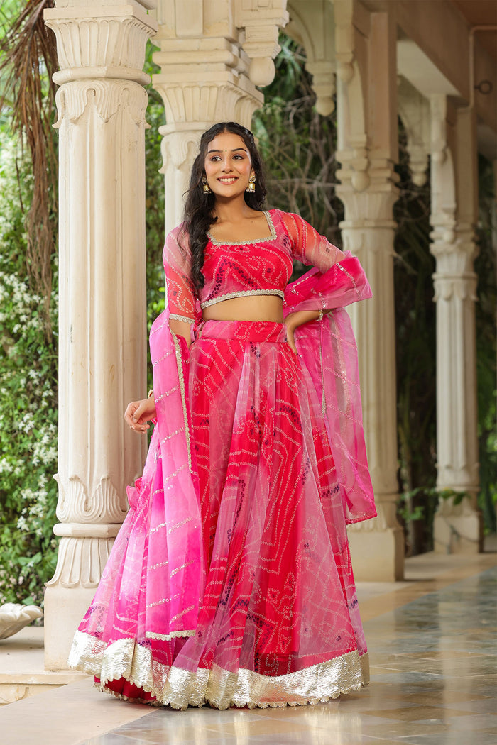 <img> French Rose Organza Bandhani Printed Lehenga Set