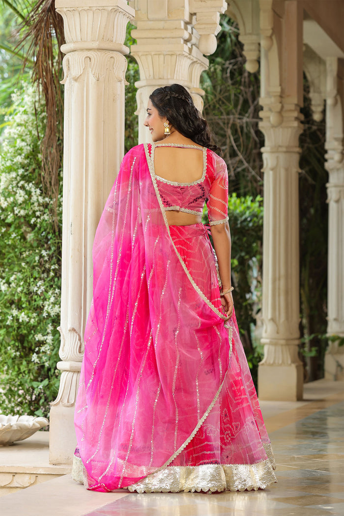 <img> French Rose Organza Bandhani Printed Lehenga Set