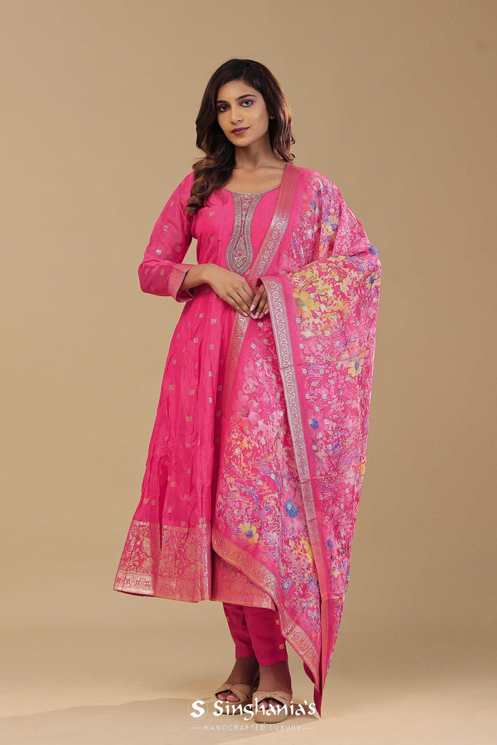 French Rose Pink Banarasi Anarkali Set
