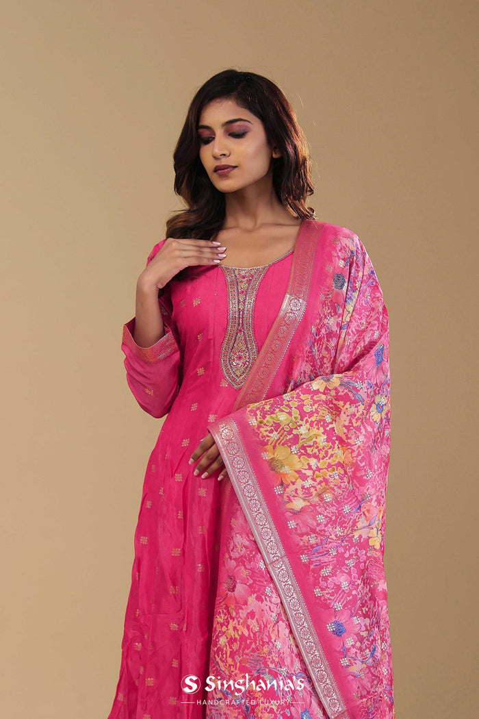 French Rose Pink Banarasi Anarkali Set