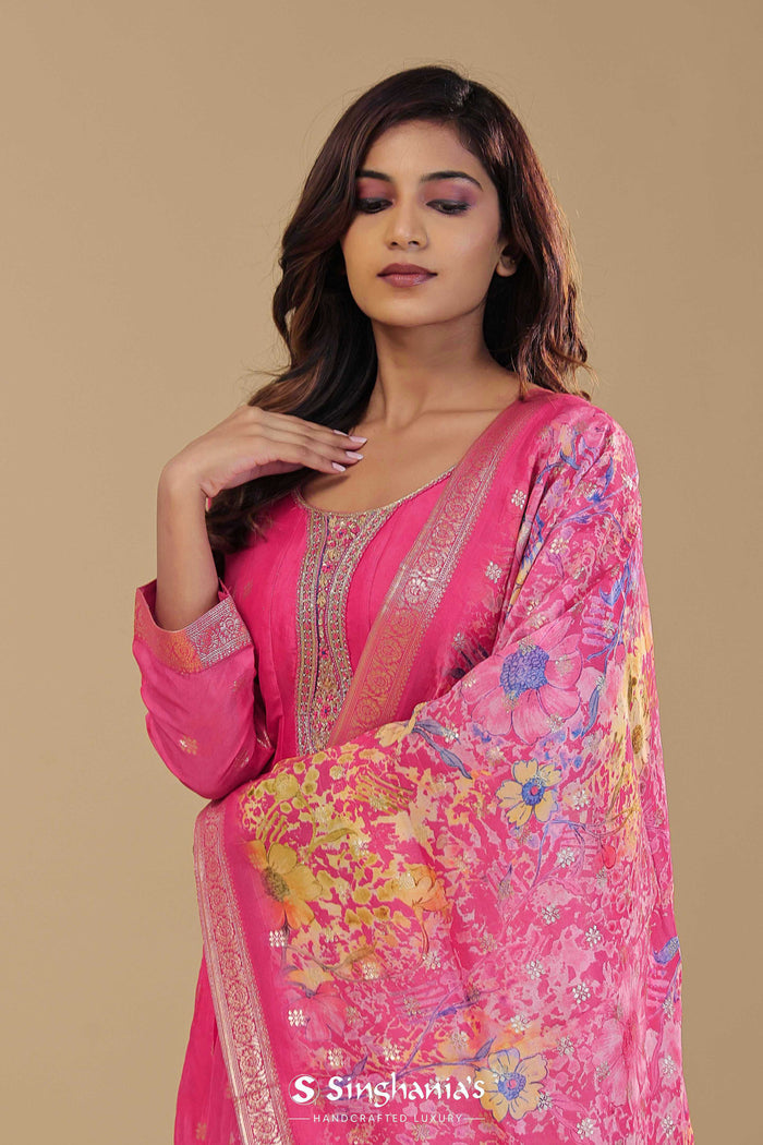 French Rose Pink Banarasi Anarkali Set