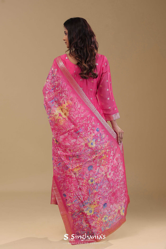 French Rose Pink Banarasi Anarkali Set