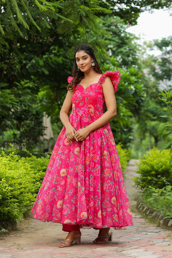 French Rose Pink Organza Floral Printed Gown