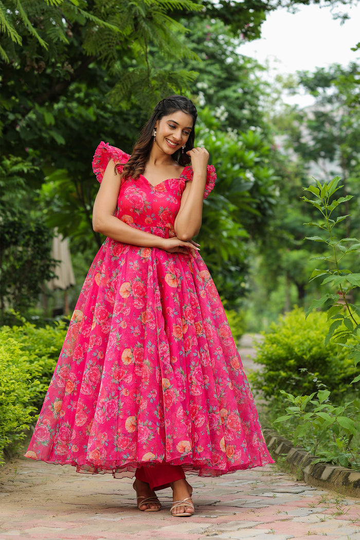 French Rose Pink Organza Floral Printed Gown