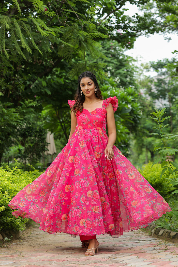 French Rose Pink Organza Floral Printed Gown