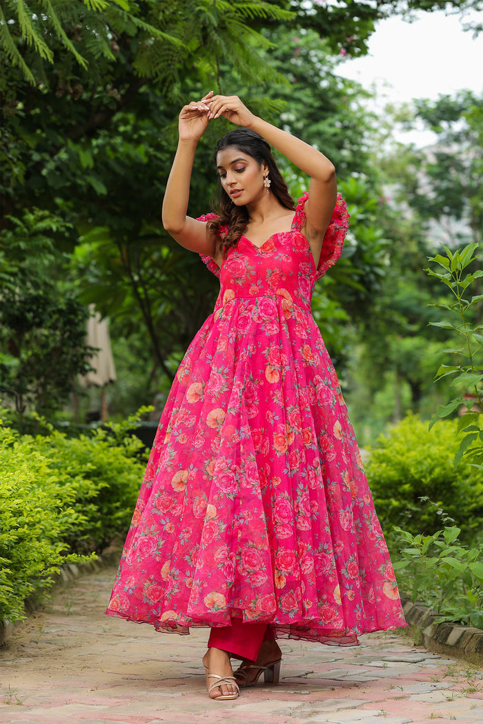 French Rose Pink Organza Floral Printed Gown