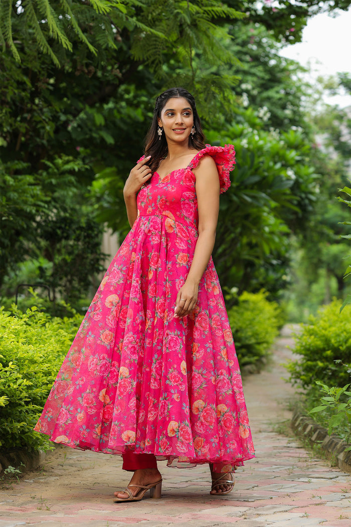 French Rose Pink Organza Floral Printed Gown