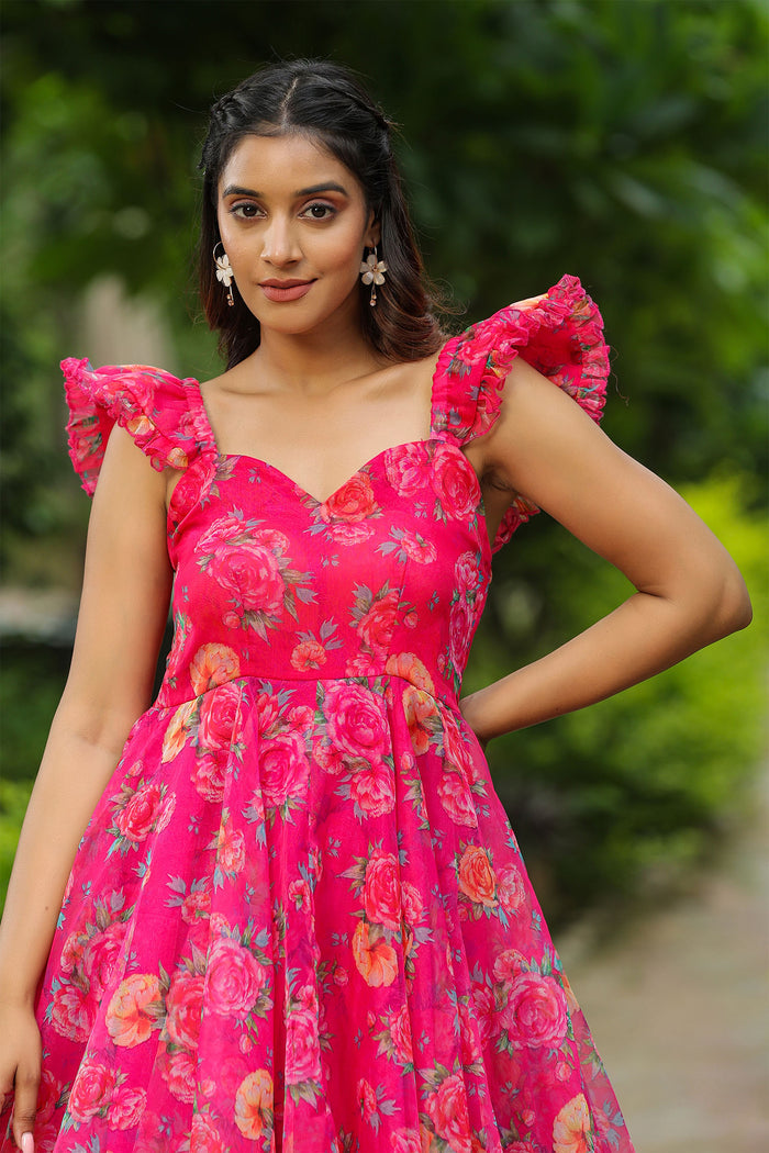 French Rose Pink Organza Floral Printed Gown