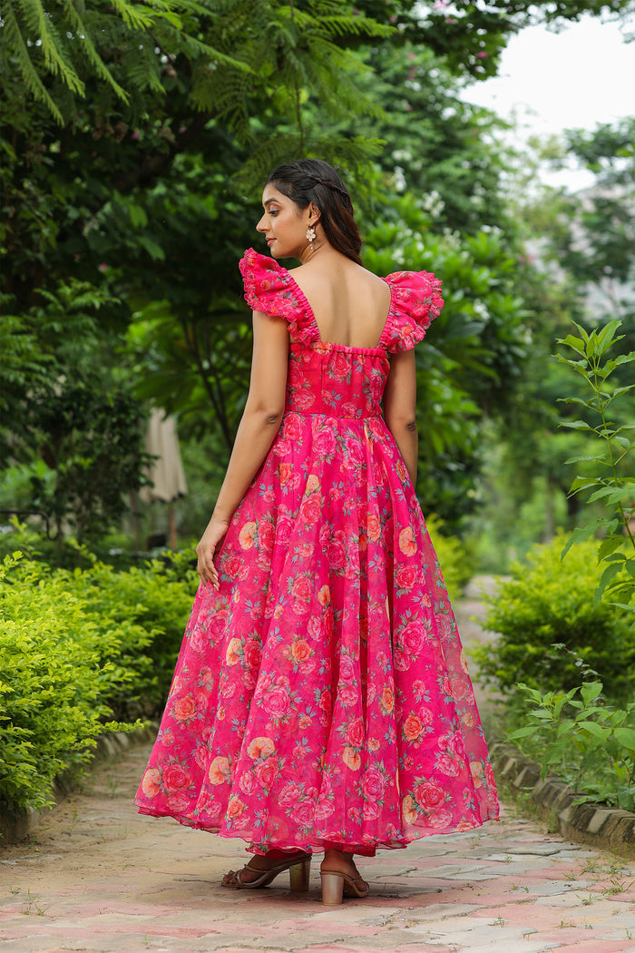 French Rose Pink Organza Floral Printed Gown