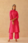 <img> Fuchsia Pink Cotton Santoon Embroidered Kurti Set