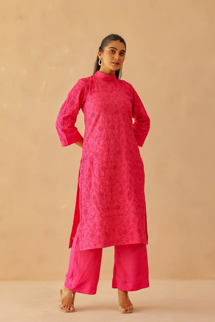 <img> Fuchsia Pink Cotton Santoon Embroidered Kurti Set