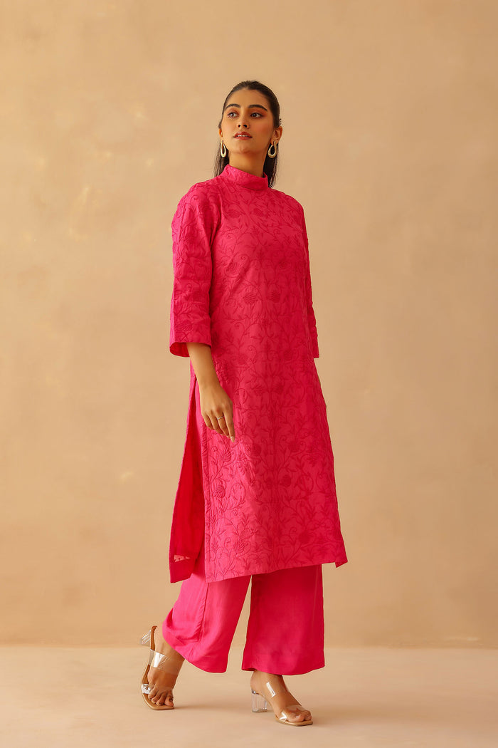 <img> Fuchsia Pink Cotton Santoon Embroidered Kurti Set