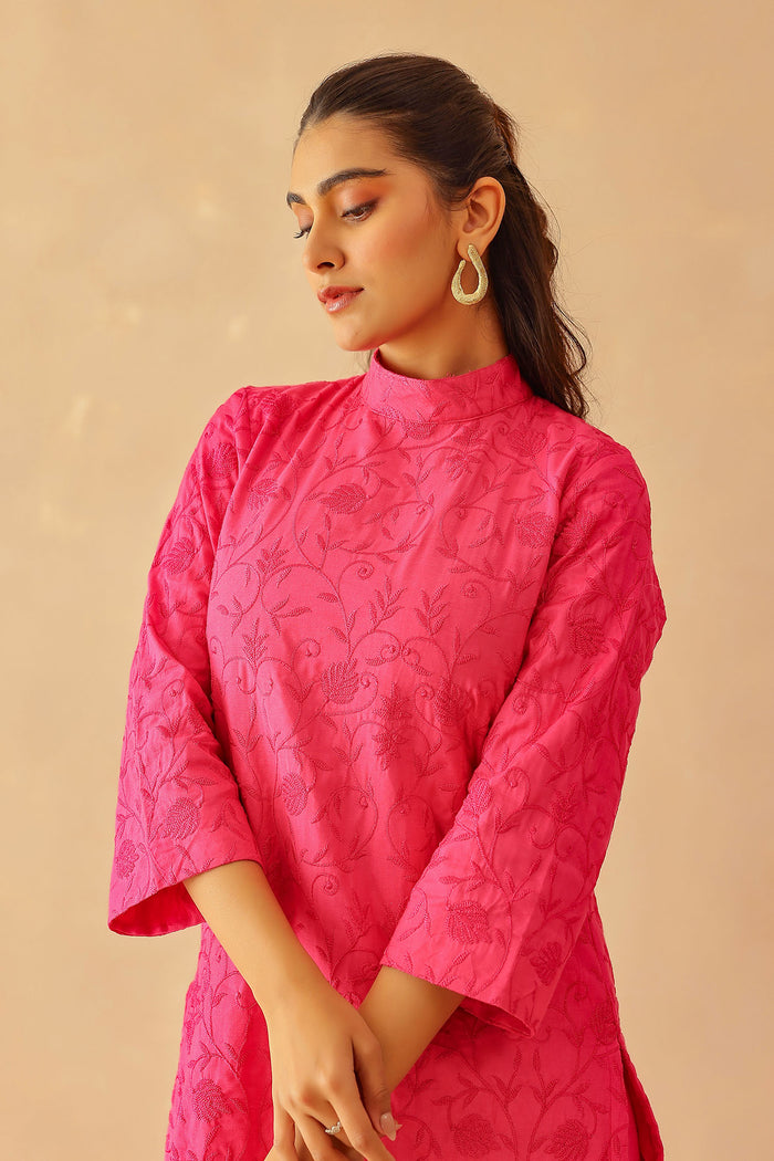 <img> Fuchsia Pink Cotton Santoon Embroidered Kurti Set