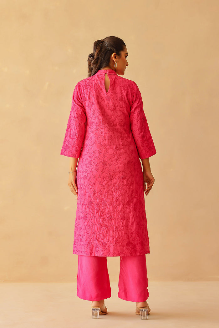 <img> Fuchsia Pink Cotton Santoon Embroidered Kurti Set