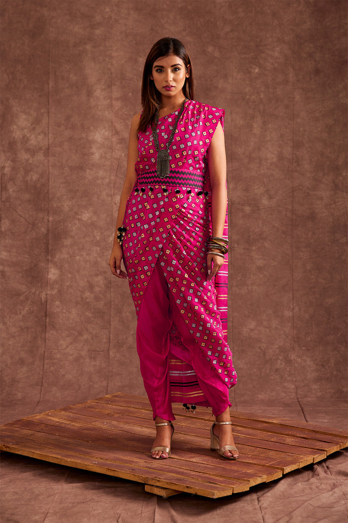 Fuchsia Pink Pure Chinon Drape Saree