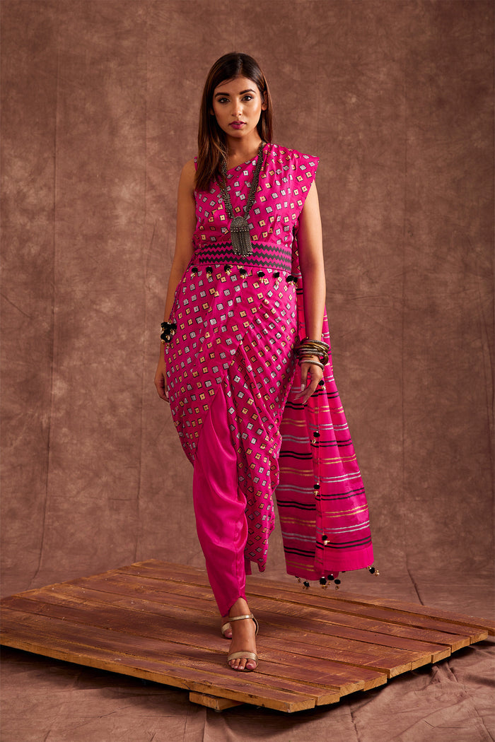 Fuchsia Pink Pure Chinon Drape Saree