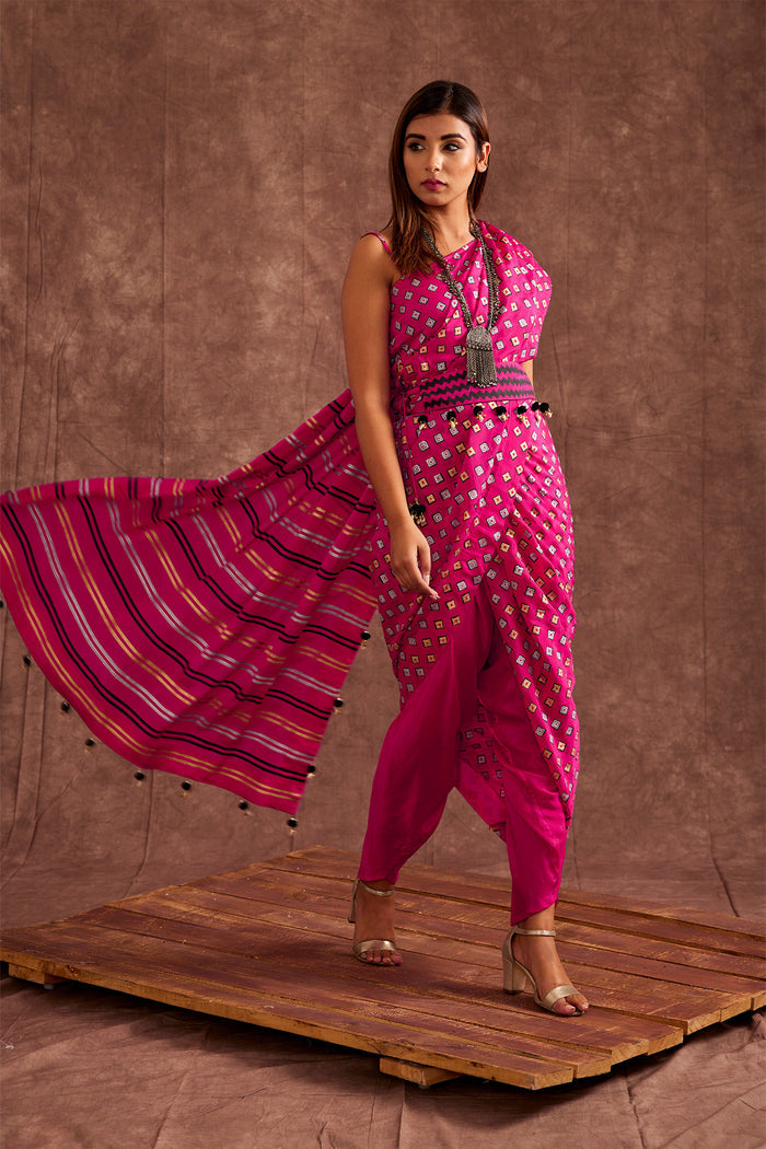 Fuchsia Pink Pure Chinon Drape Saree
