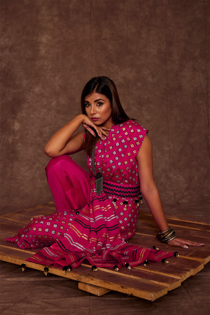 Fuchsia Pink Pure Chinon Drape Saree