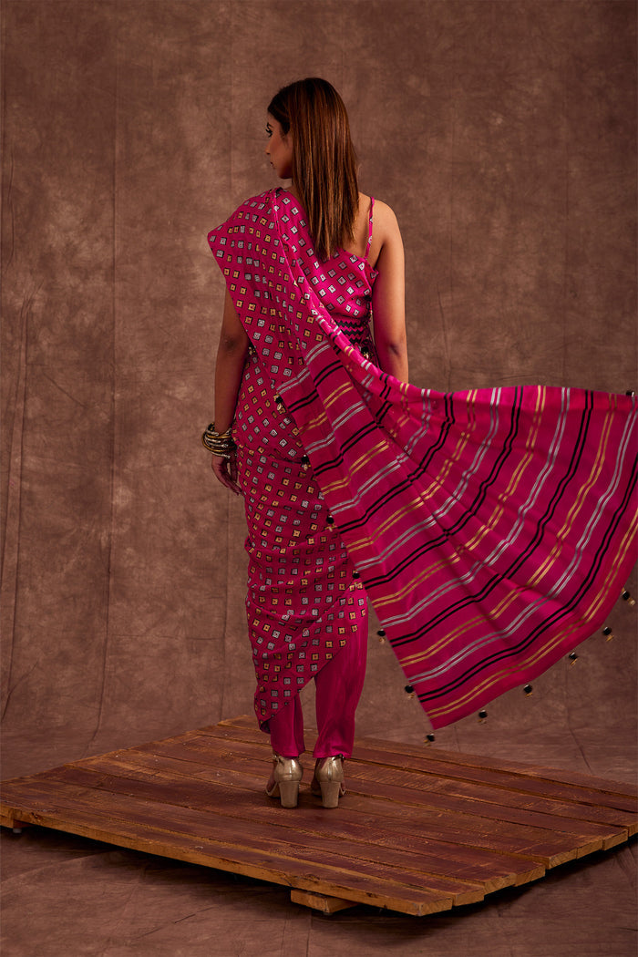 Fuchsia Pink Pure Chinon Drape Saree