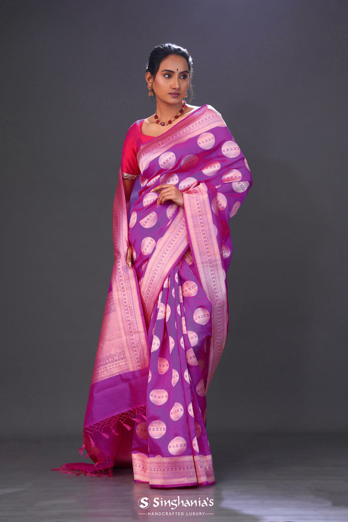 <img> Fuchsia Purple Butta Banarasi Silk Saree