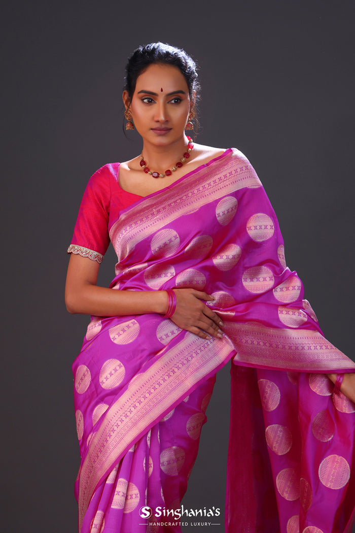<img> Fuchsia Purple Butta Banarasi Silk Saree
