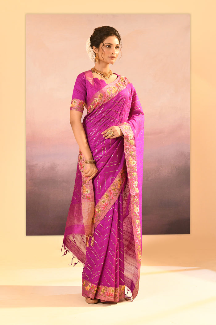 Fuchsia Purple Foil Printed Dupion Silk Saree