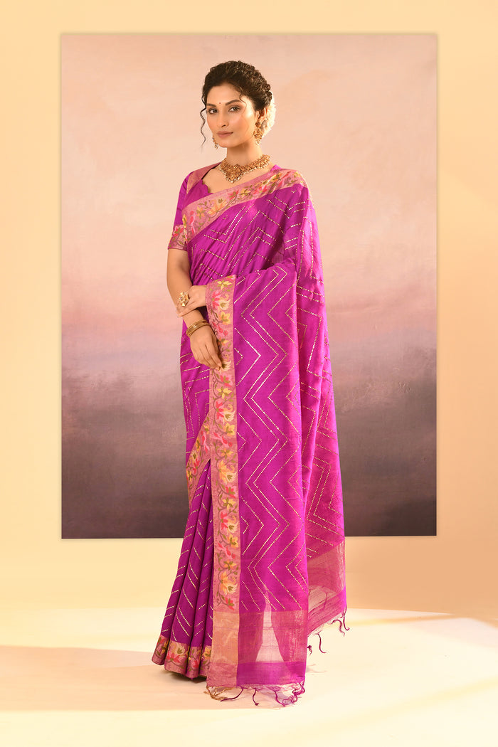 Fuchsia Purple Foil Printed Dupion Silk Saree