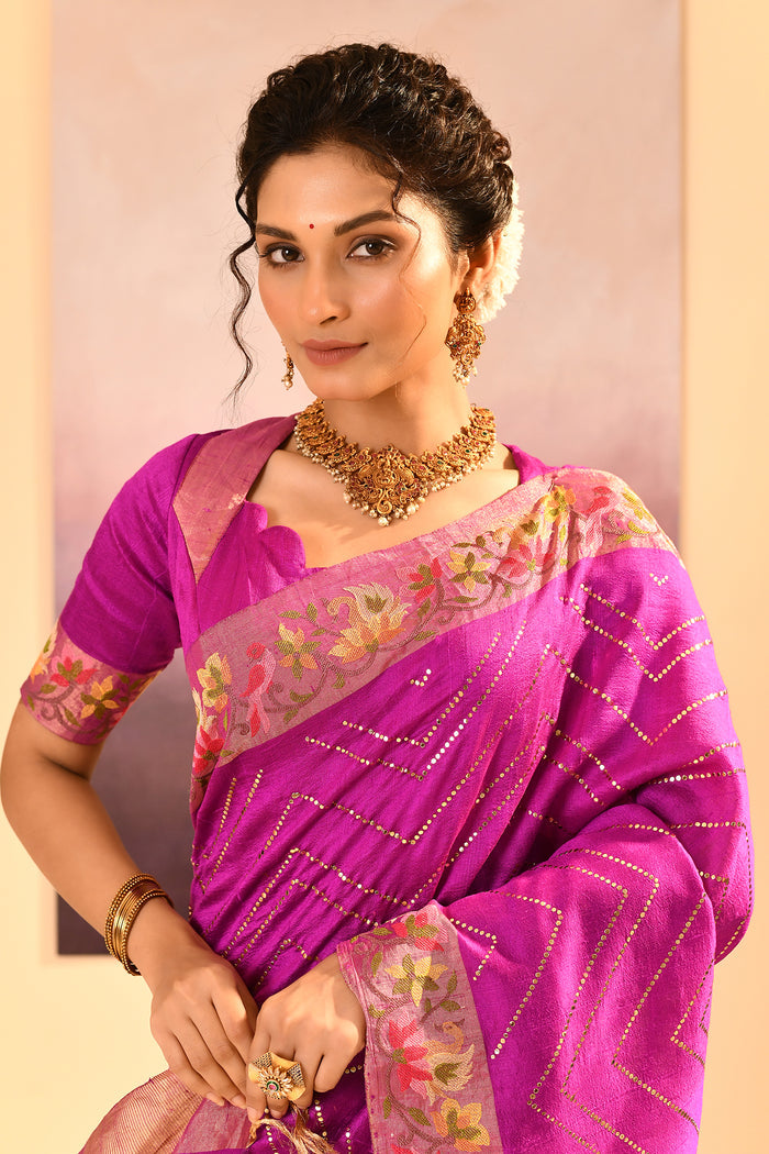Fuchsia Purple Foil Printed Dupion Silk Saree