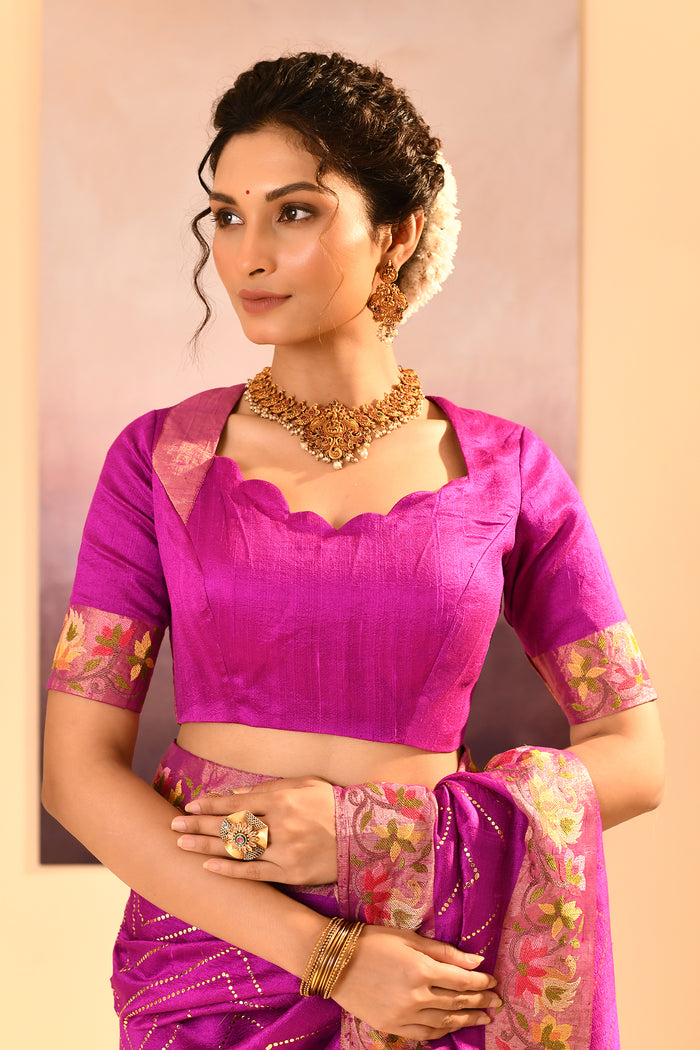 Fuchsia Purple Foil Printed Dupion Silk Saree