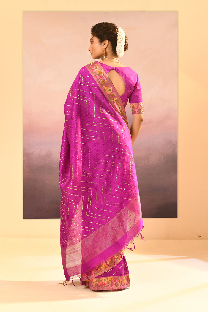 Fuchsia Purple Foil Printed Dupion Silk Saree