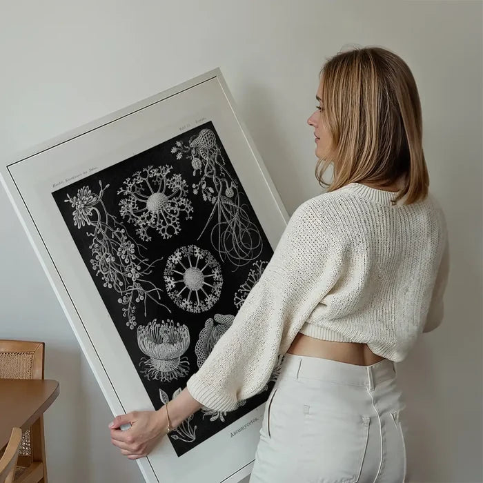 Fungi Illustration Print held up against a living room wall
