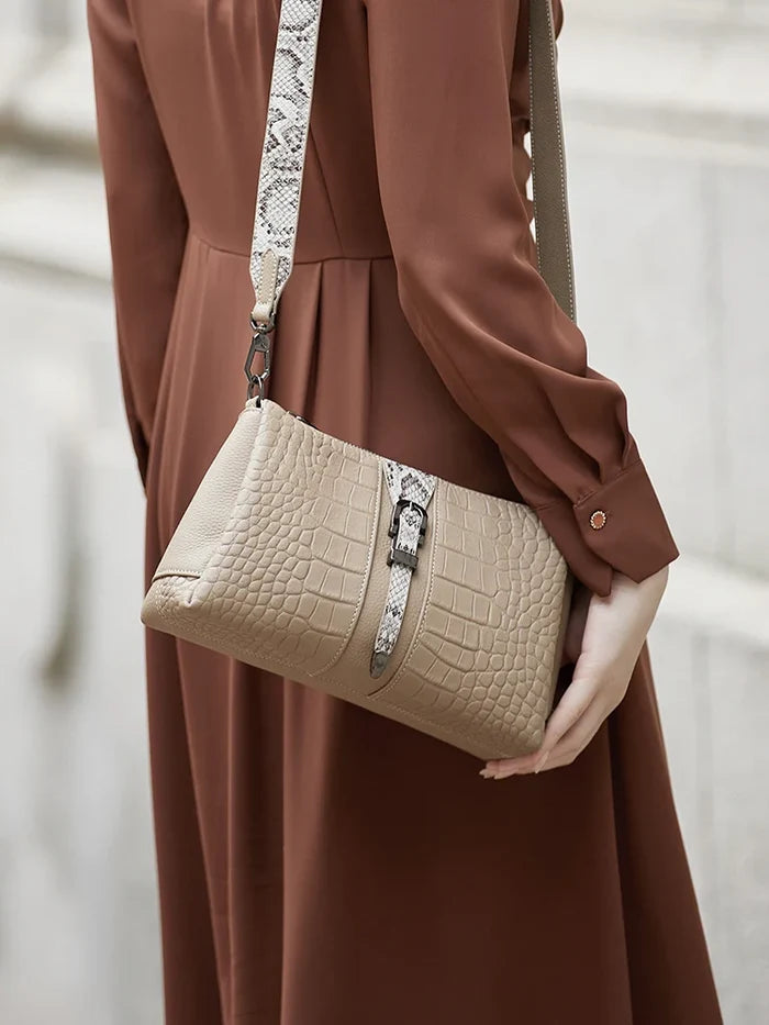 Khaki Croco genuine leather messenger cowhide flap FTF Market UK