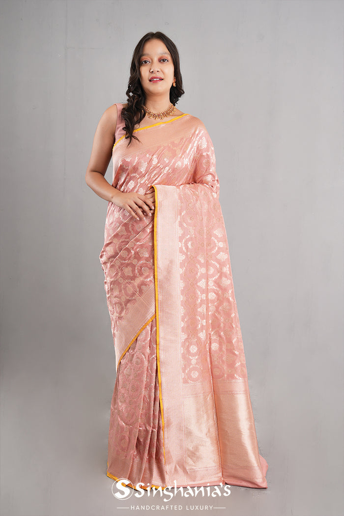 <img> Geranium Pink Banarasi Silk Jaal Saree