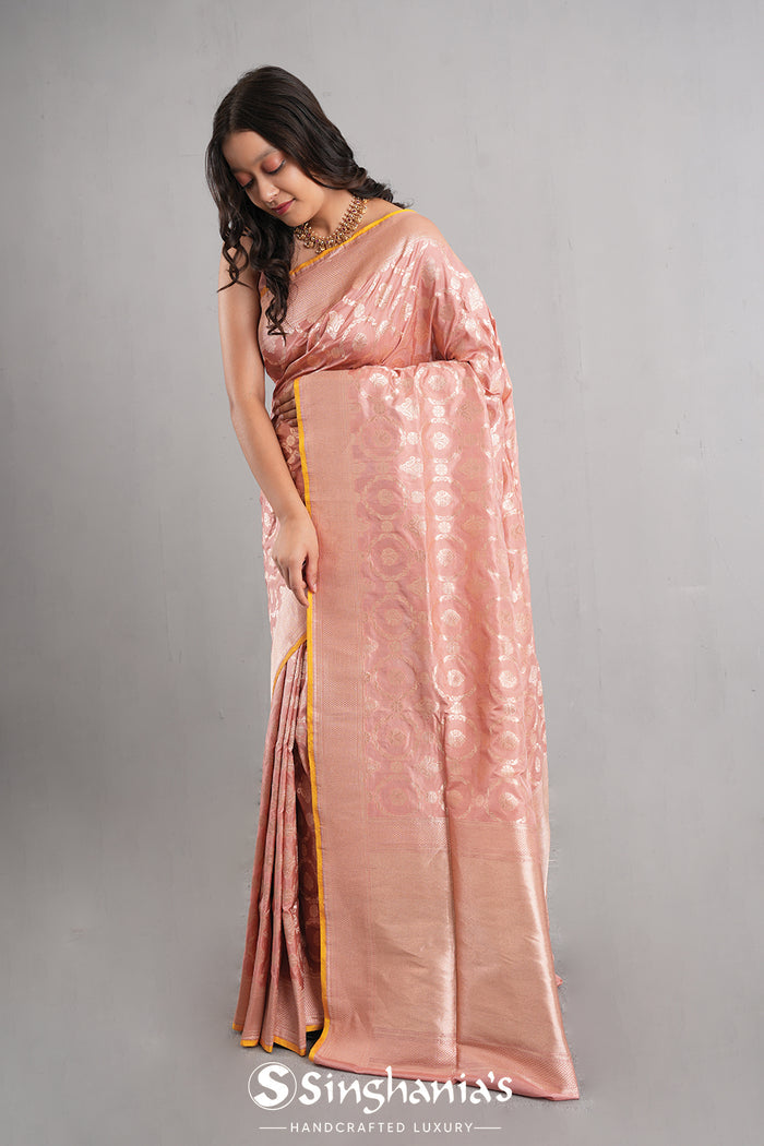 <img> Geranium Pink Banarasi Silk Jaal Saree