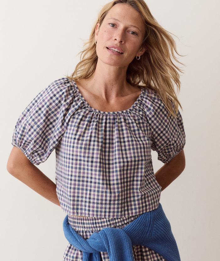 Gia Poplin Blouse - Blue & Lavender Plaid