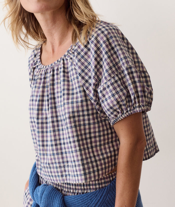 Gia Poplin Blouse - Blue & Lavender Plaid