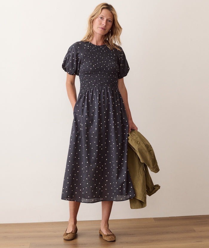 Gigi Smocked Dress - Navy Polka Dot