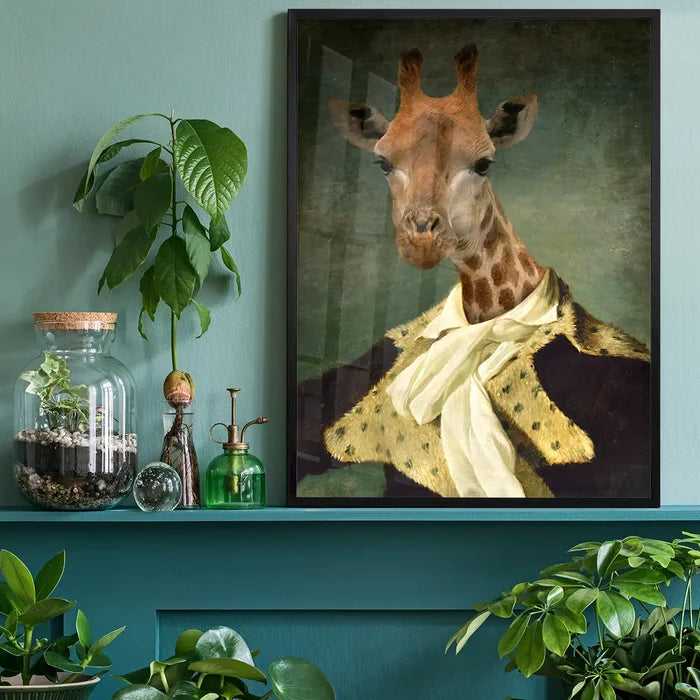 Giraffe Portrait Print, quirky altered art print black framed on a living room shelf