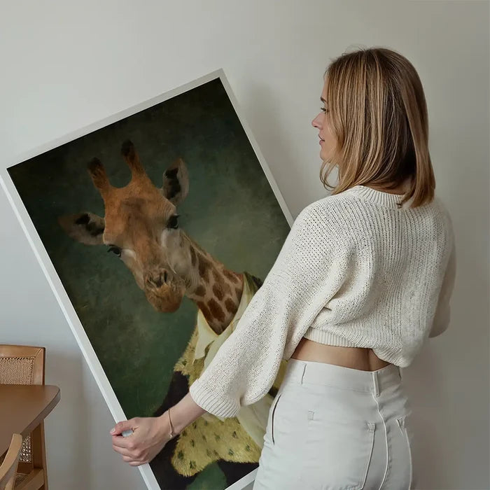 Giraffe Portrait Print held up against a living room wall