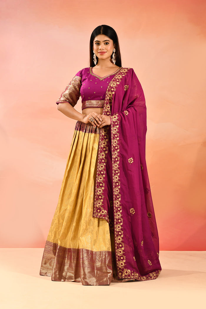 Gold Banarasi Silk Lehenga With Purple Embroidered Border Dupatta