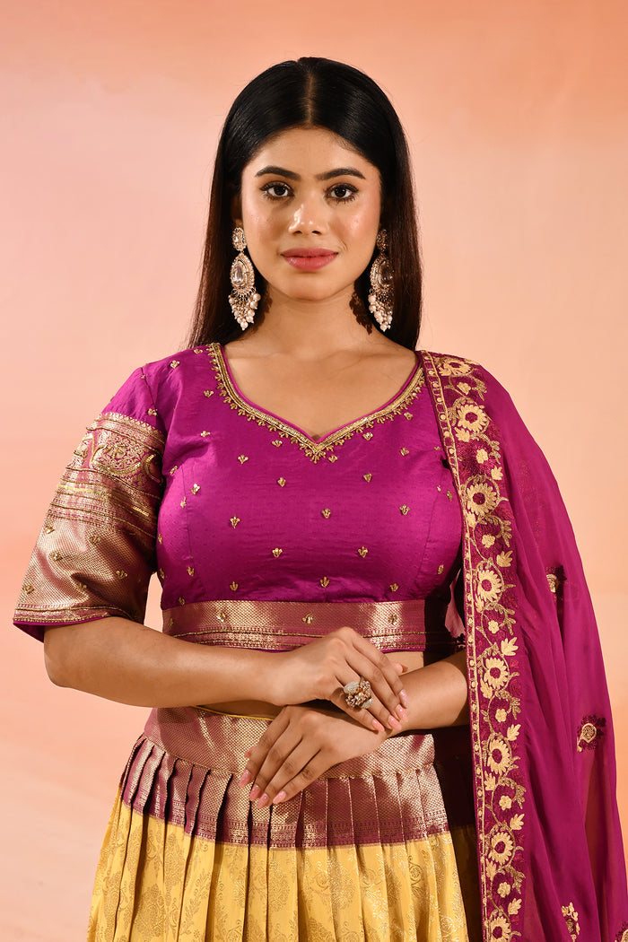 Gold Banarasi Silk Lehenga With Purple Embroidered Border Dupatta