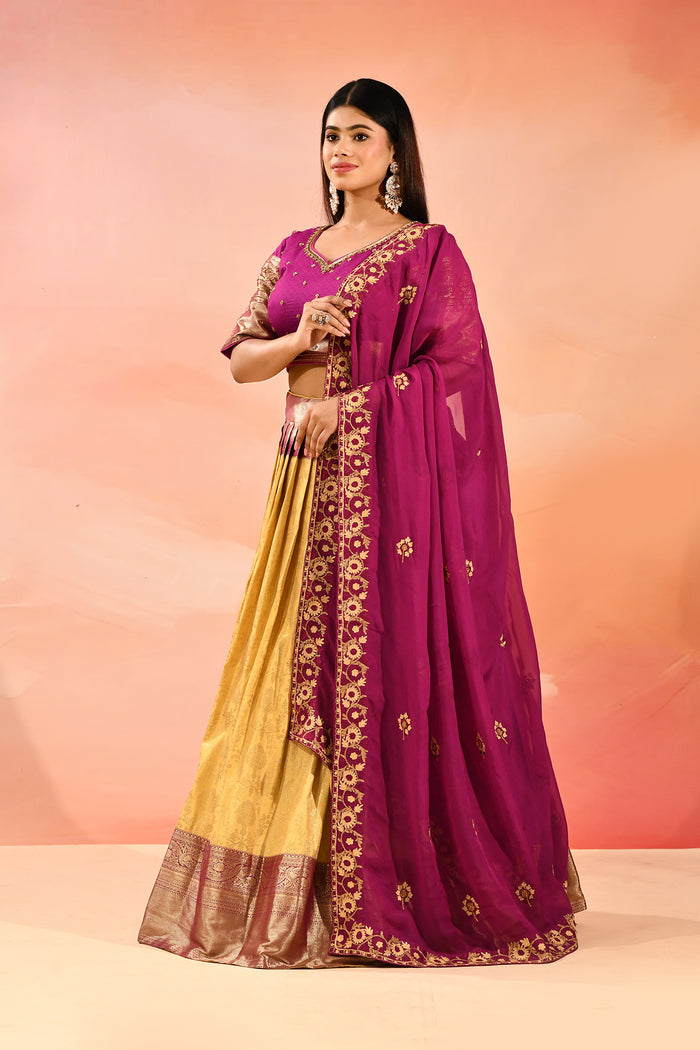 Gold Banarasi Silk Lehenga With Purple Embroidered Border Dupatta
